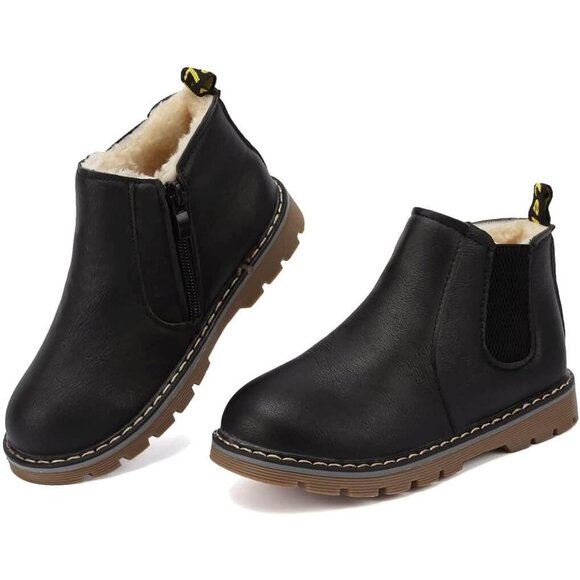 Kids Black Waterproof Lightweight Fur Lined Ankle Boots Baby Winter Shoes - Picture 1 of 7